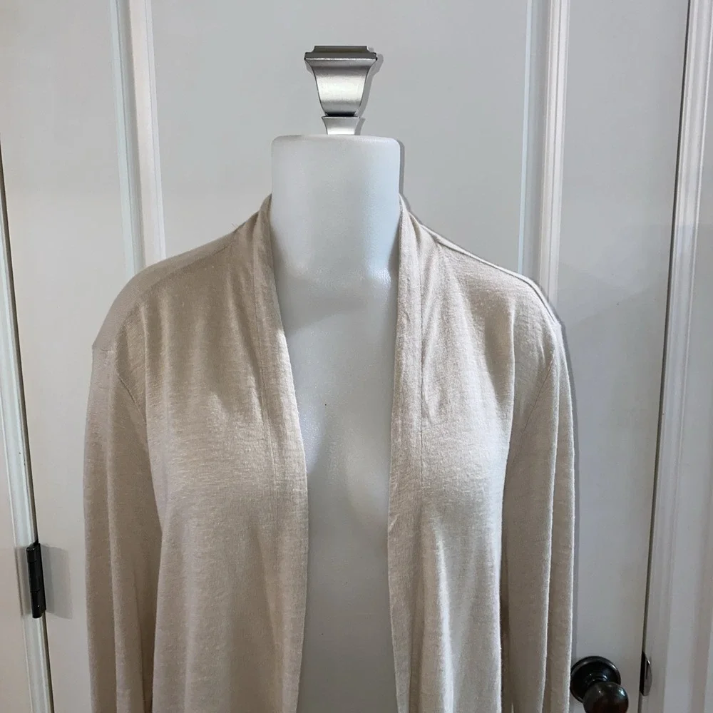 J Jill Love‎ Linen 100% Open Cardigan Cinch Sleeves Pockets Size Large Beige